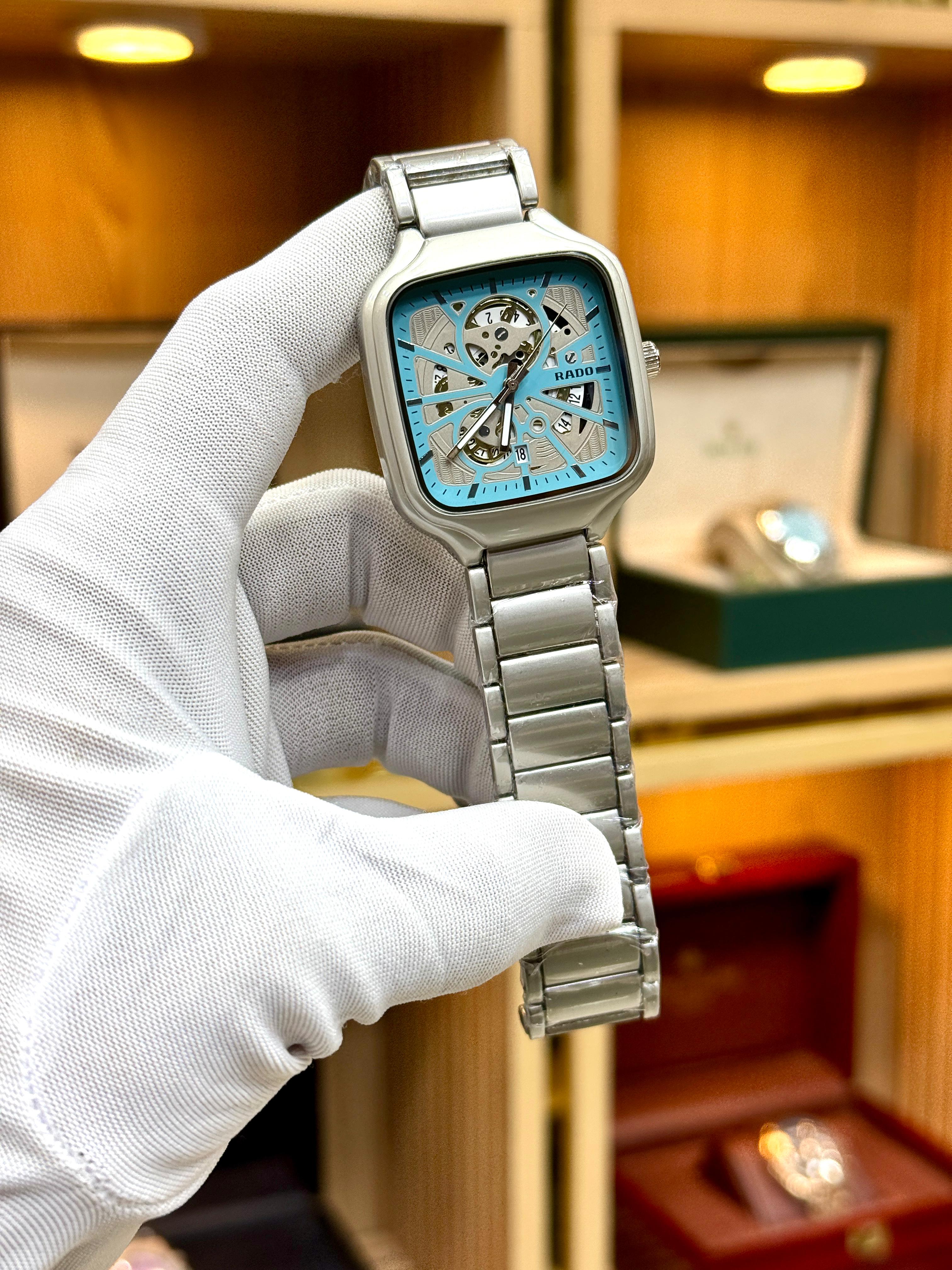 Rado True Square Open Heart Men's Watch | Premium Skeleton Tiffany Blue Dial Silver Wristwatch