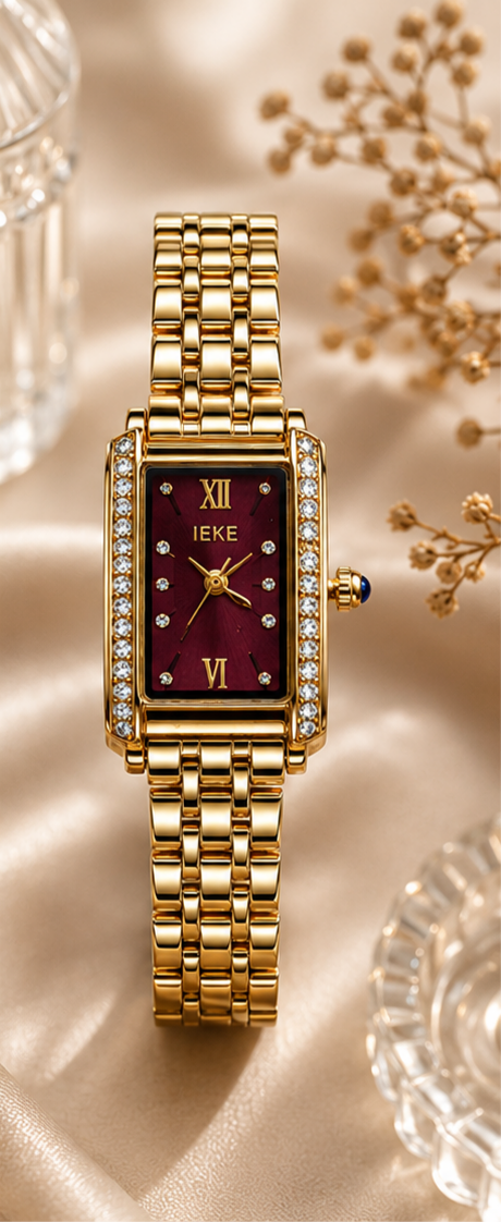 Elegant Women's Gold-Plated Rectangular Watch with Deep Burgundy Dial and Crystal Bezel