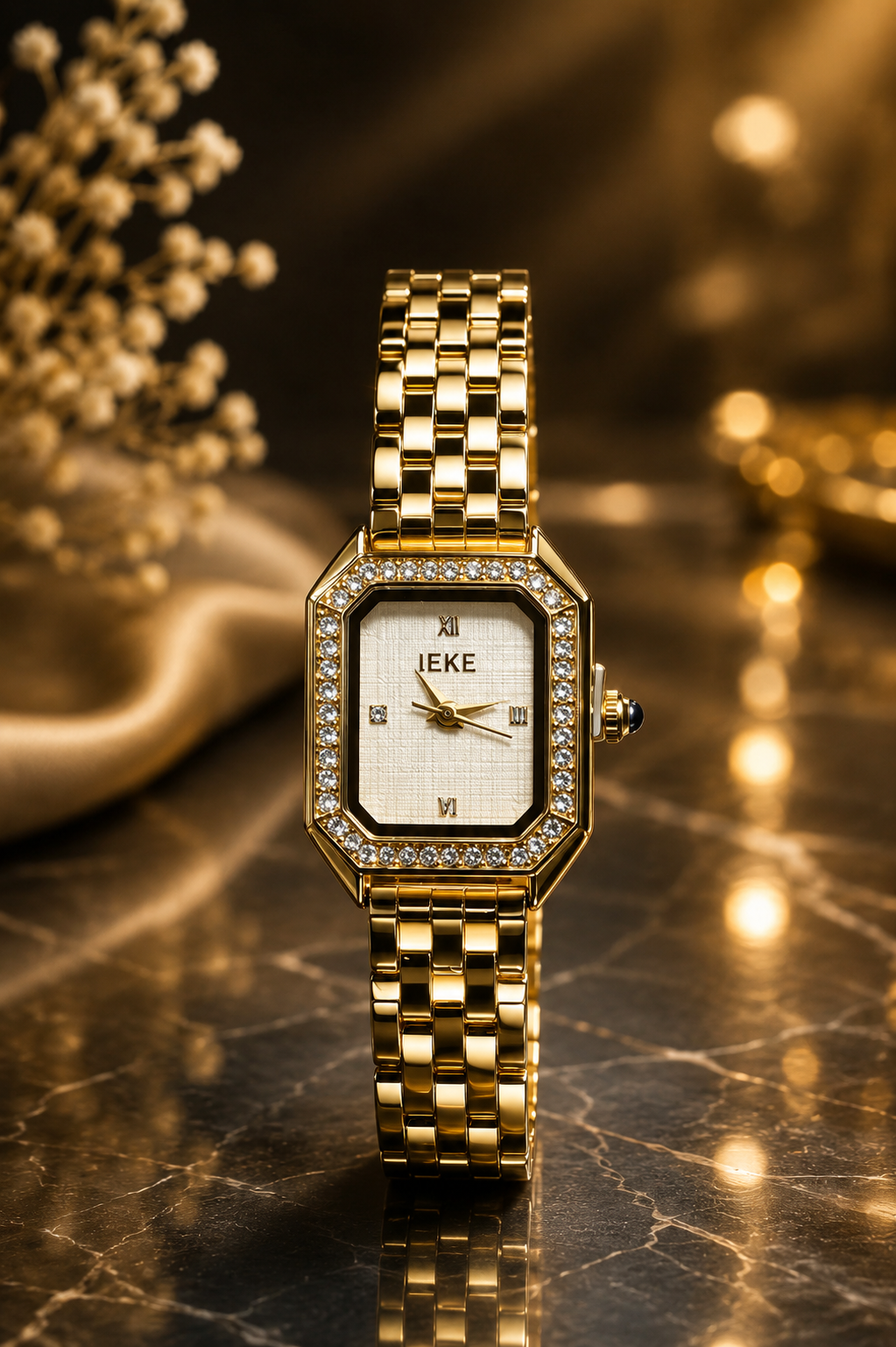 IEKE Small Rectangular Dial Women's Fashion Watch - Crystal Accented Bezel & Gold Link Bracelet