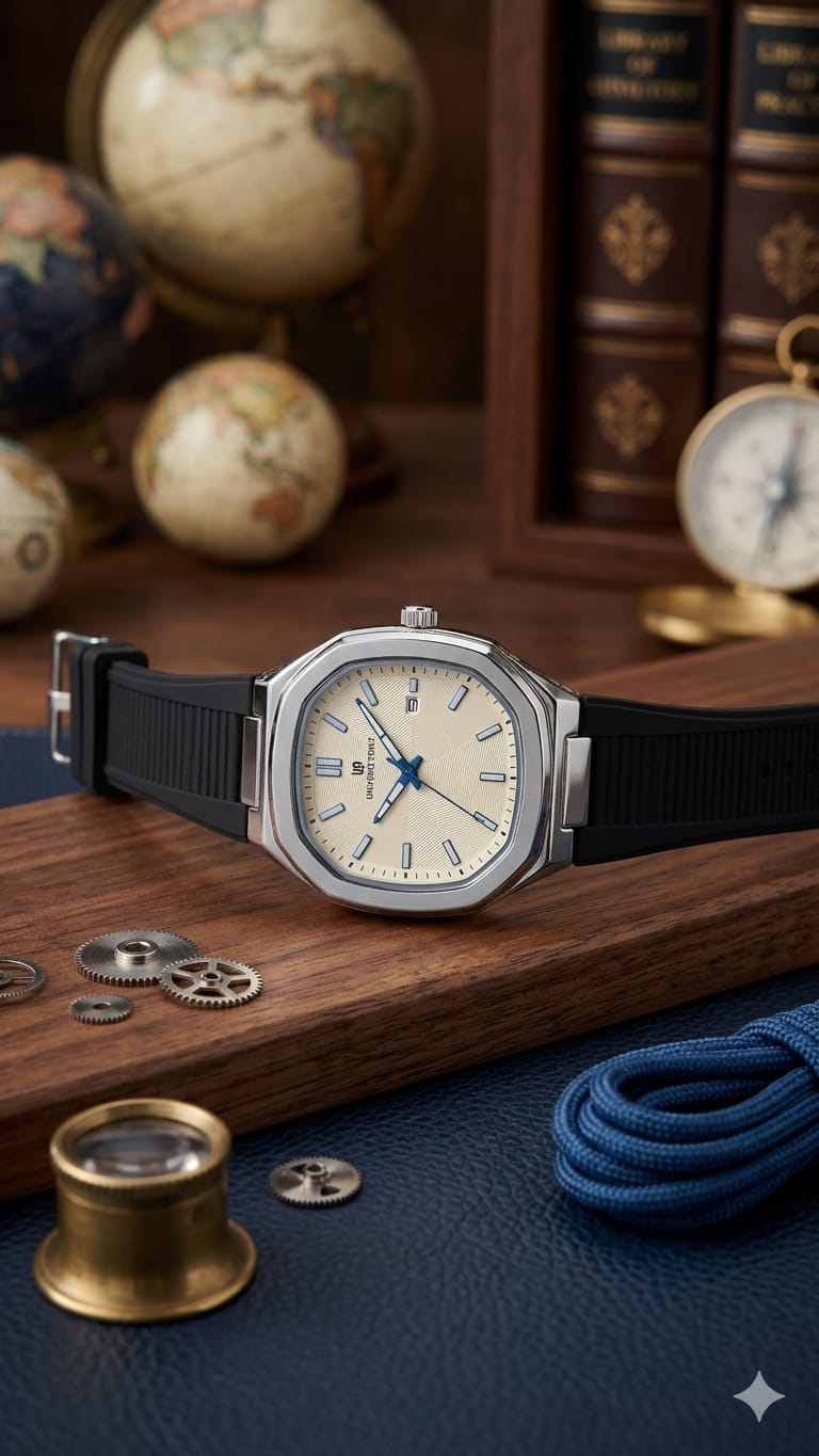 UNIVERSE D'OR Men's Fashion Watch - Silver Octagonal Bezel Sports Rubber Strap Timepiece