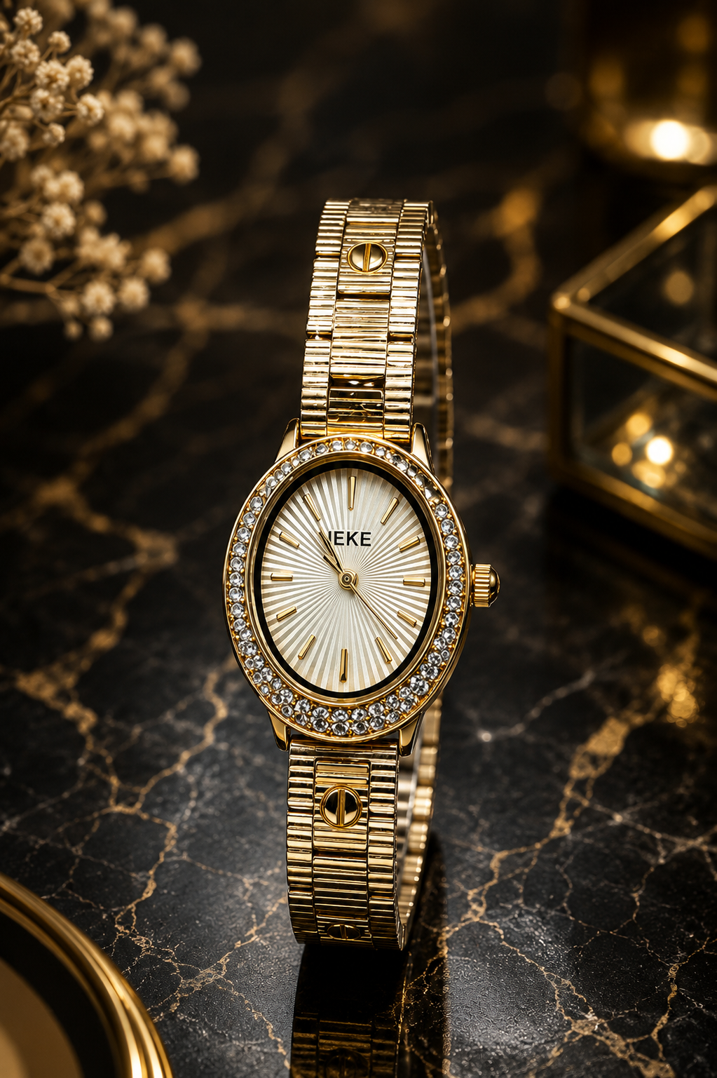 IEKE Small Oval Dial Women's Fashion Watch - Fluted Face & Gold Screw-Accent Link Bracelet