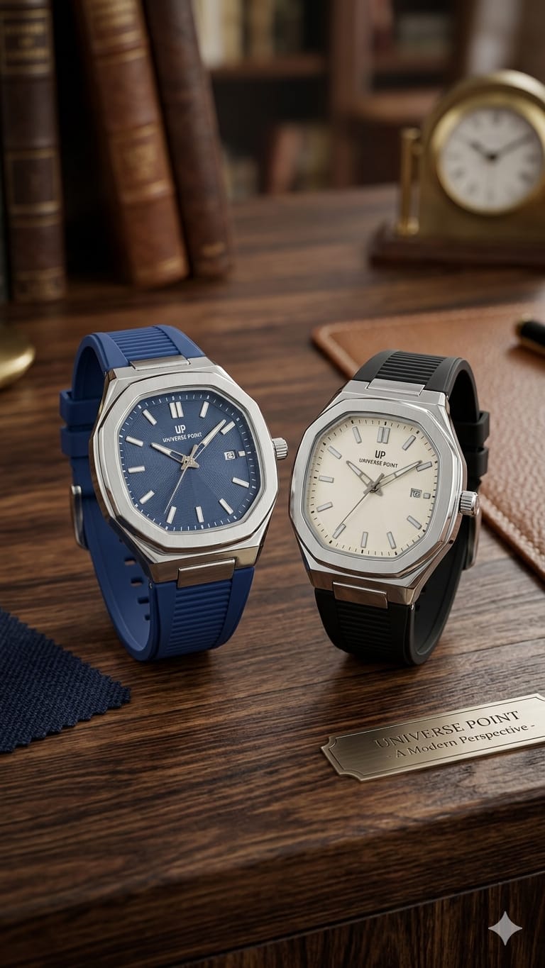 UNIVERSE D'OR Men's Fashion Watch - Silver Octagonal Bezel Sports Rubber Strap Timepiece