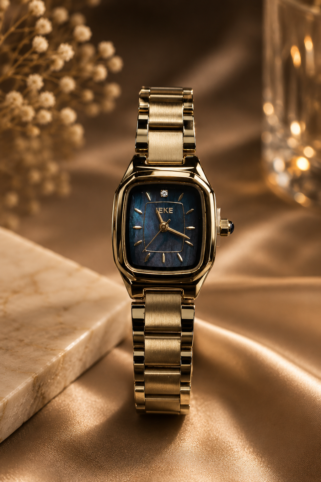 IEKE Small Rectangular Dial Women's Fashion Watch - Crystal Accented Bezel & Gold Link Bracelet