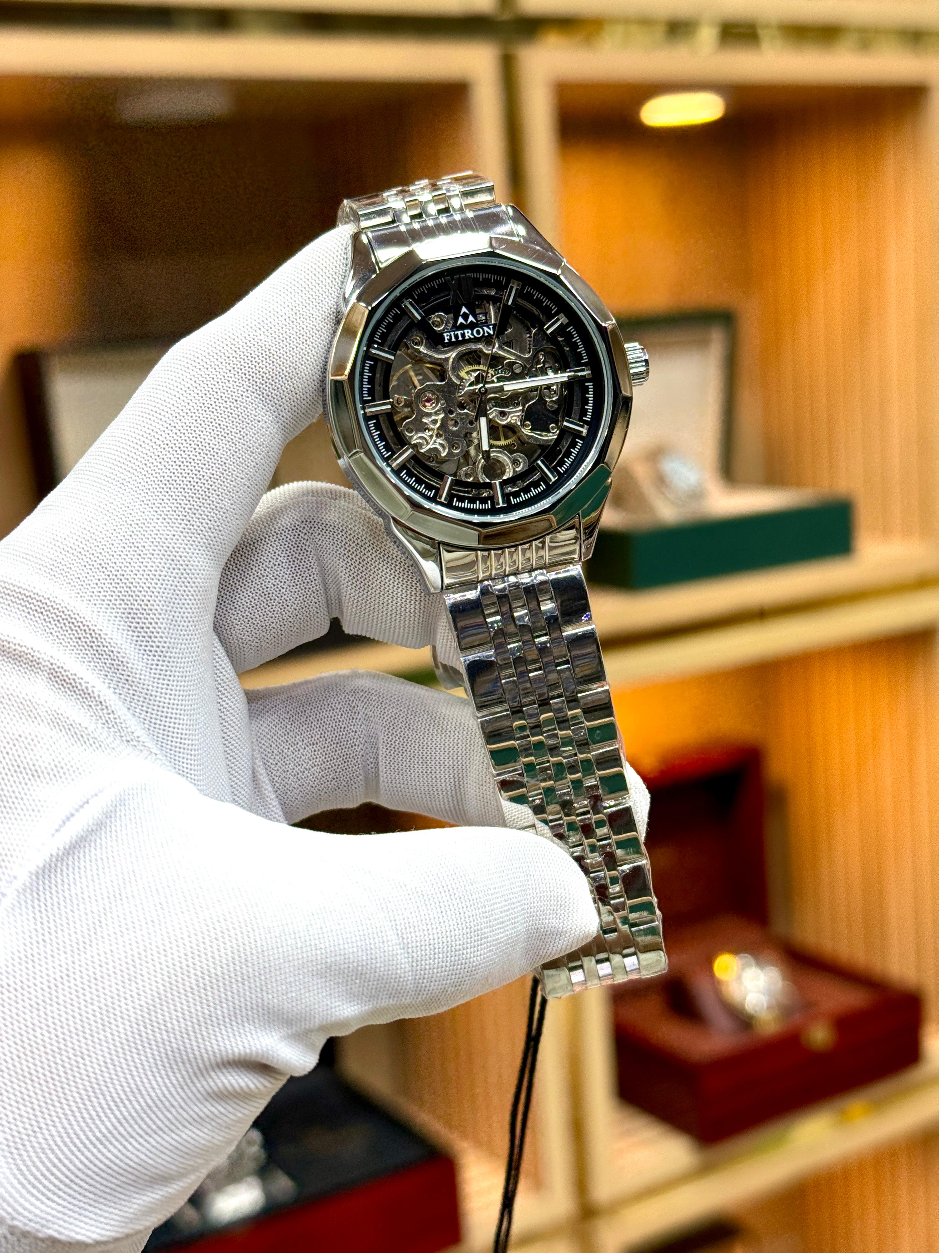 Fitron Luxury Automatic Skeleton Watch for Men - Two-Tone Gold & Silver