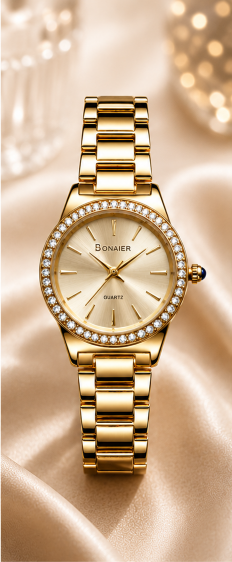 SONAIER Quartz Ladies' Fashion Watch - Champagne Dial & Polished Gold Metal Link Bracelet