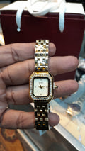 IEKE Small Rectangular Dial Women's Fashion Watch - Crystal Accented Bezel & Gold Link Bracelet