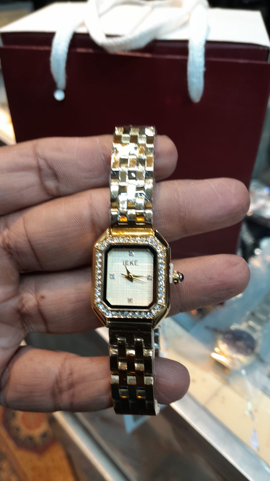 IEKE Small Rectangular Dial Women's Fashion Watch - Crystal Accented Bezel & Gold Link Bracelet