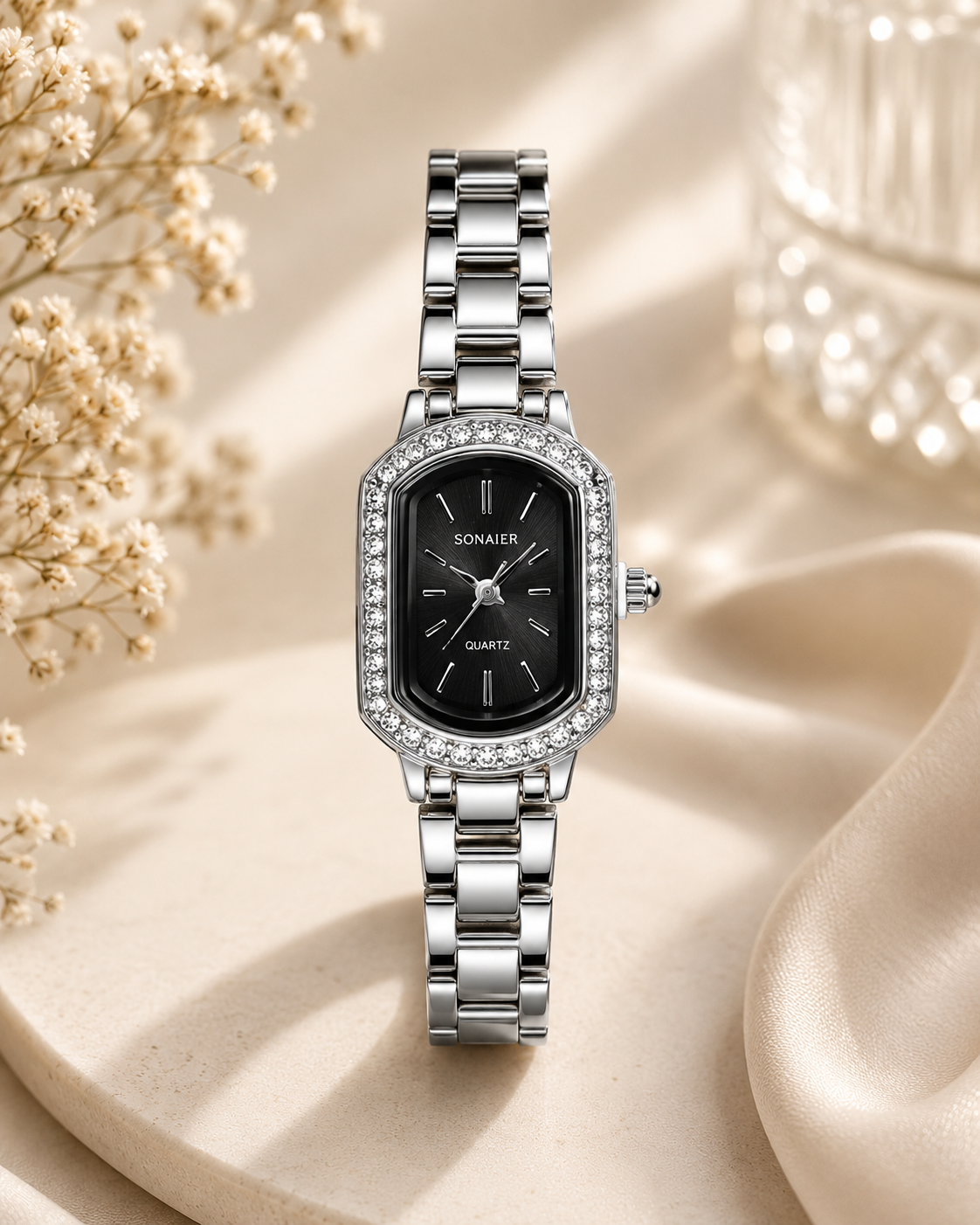 SONAIER Midnight Black Crystal Watch – Sophisticated Petite Series
