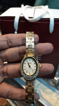 IEKE Small Oval Dial Women's Fashion Watch - Fluted Face & Gold Screw-Accent Link Bracelet