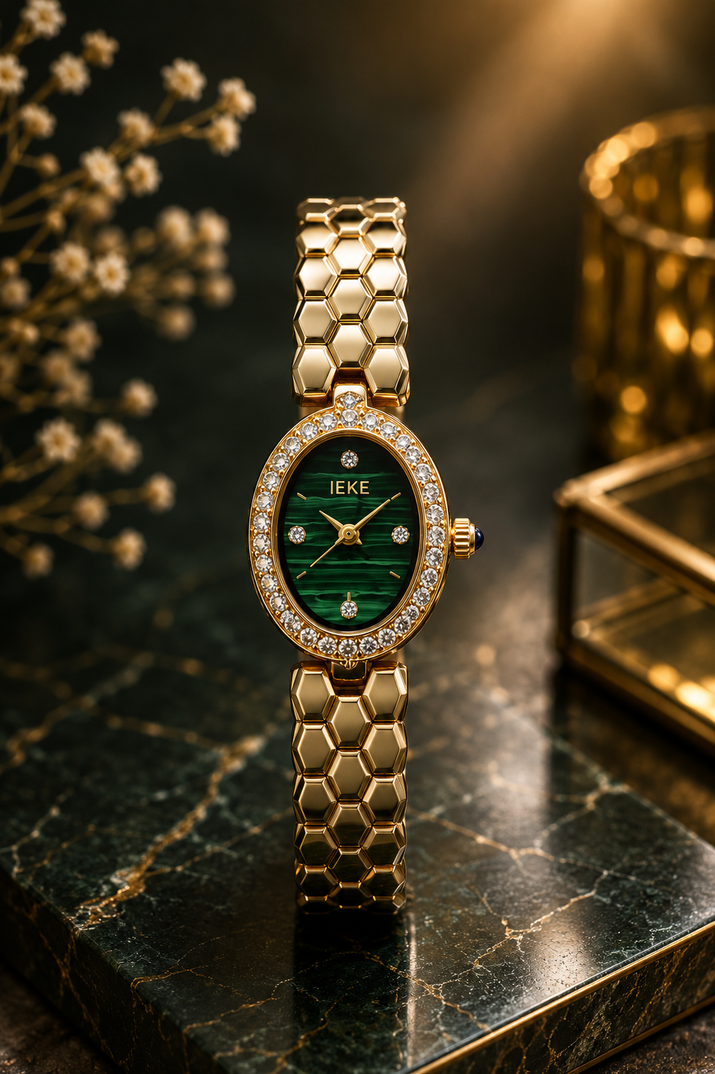 IEKE Small Oval Dial Women's Fashion Watch - Green Textured Face & Gold Honeycomb Bracelet