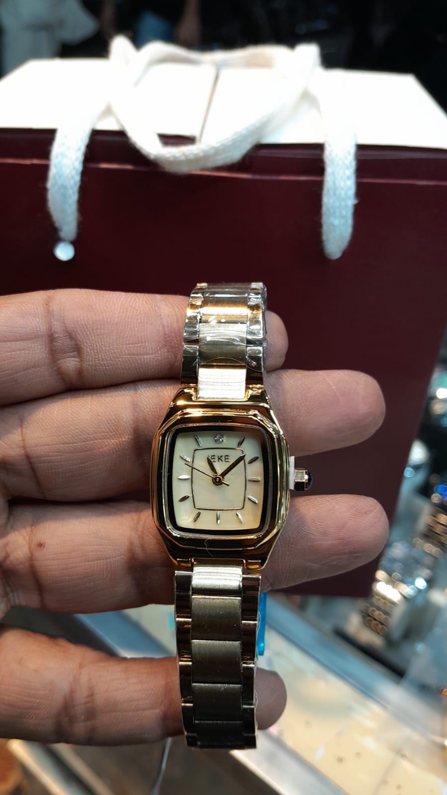 IEKE Small Rectangular Dial Women's Fashion Watch - Mother-of-Pearl Style Face & Gold Link Bracelet