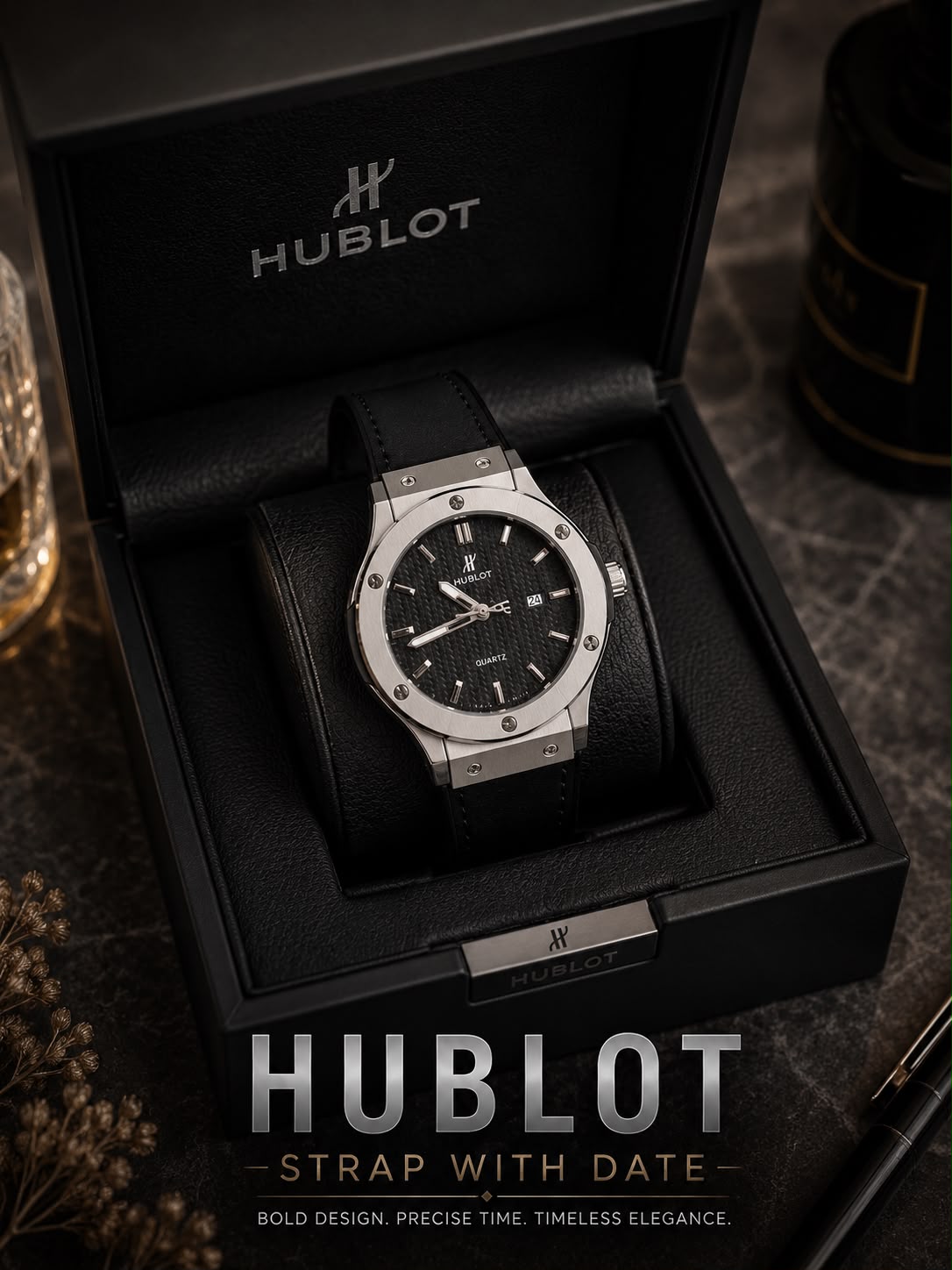 Hublot Textured Black Dial Men's Fashion Watch - Black Rubber Strap Business Sport Timepiece