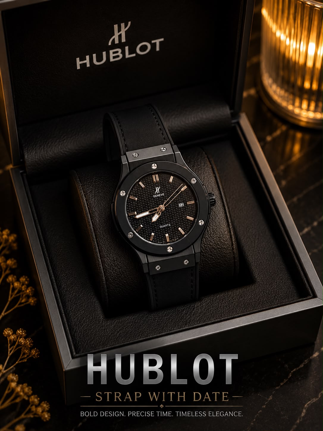 Hublot Textured Black Dial Men's Fashion Watch - Black Rubber Strap Business Sport Timepiece
