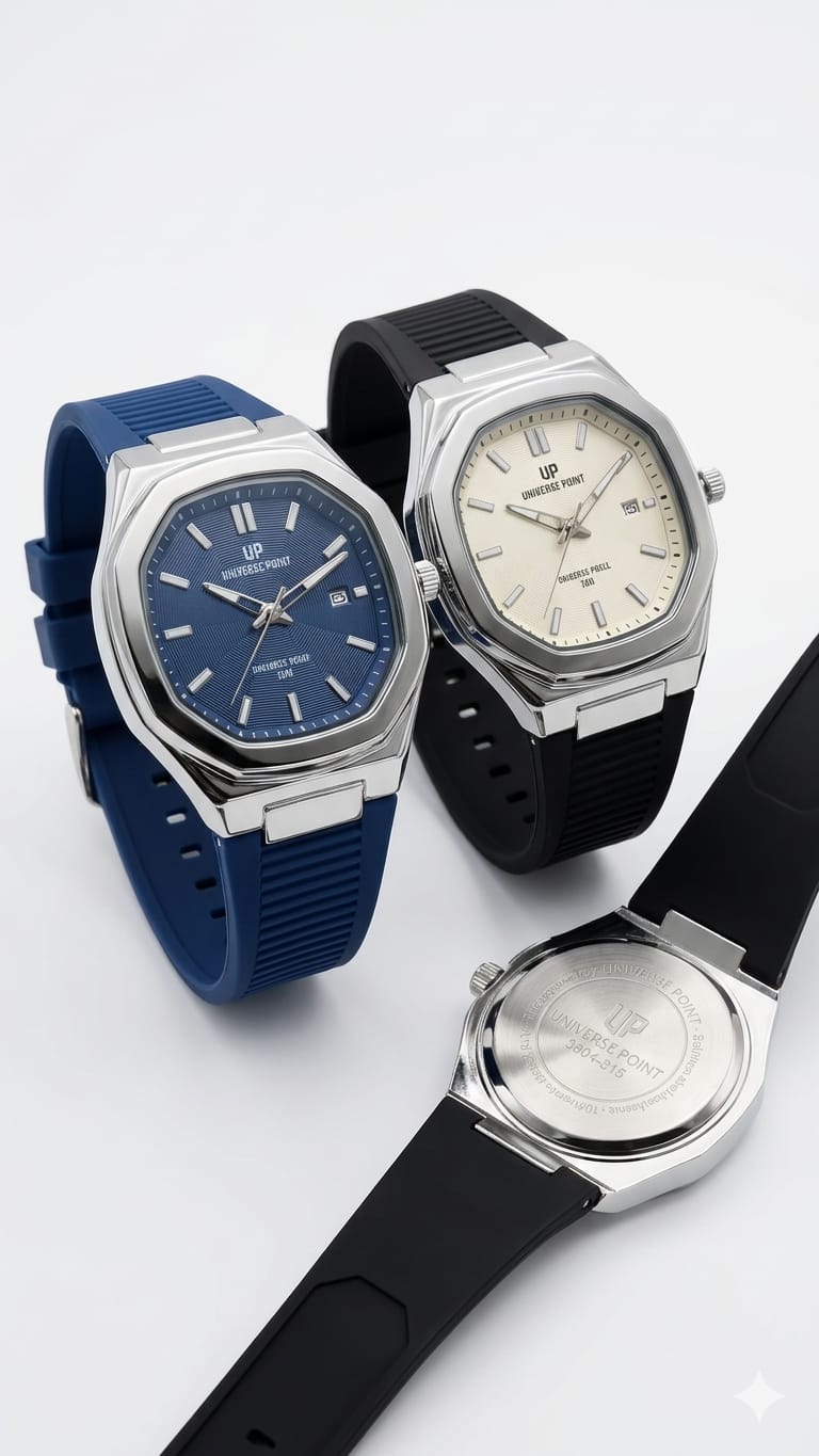 UNIVERSE D'OR Men's Fashion Watch - Silver Octagonal Bezel Sports Rubber Strap Timepiece