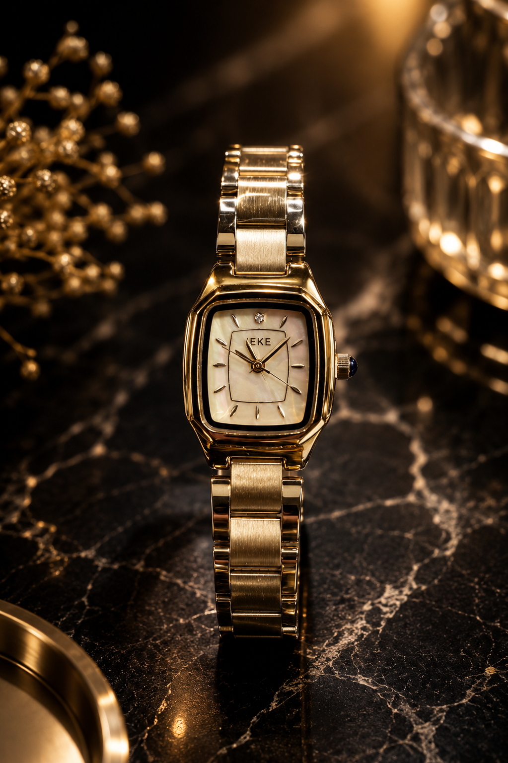 IEKE Small Rectangular Dial Women's Fashion Watch - Mother-of-Pearl Style Face & Gold Link Bracelet